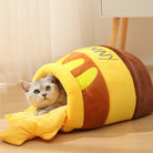 Katzenbett Honigtopf-Design, gelb-braun, Plüsch, gemütlich, für Haustiere, Katzenhöhle.