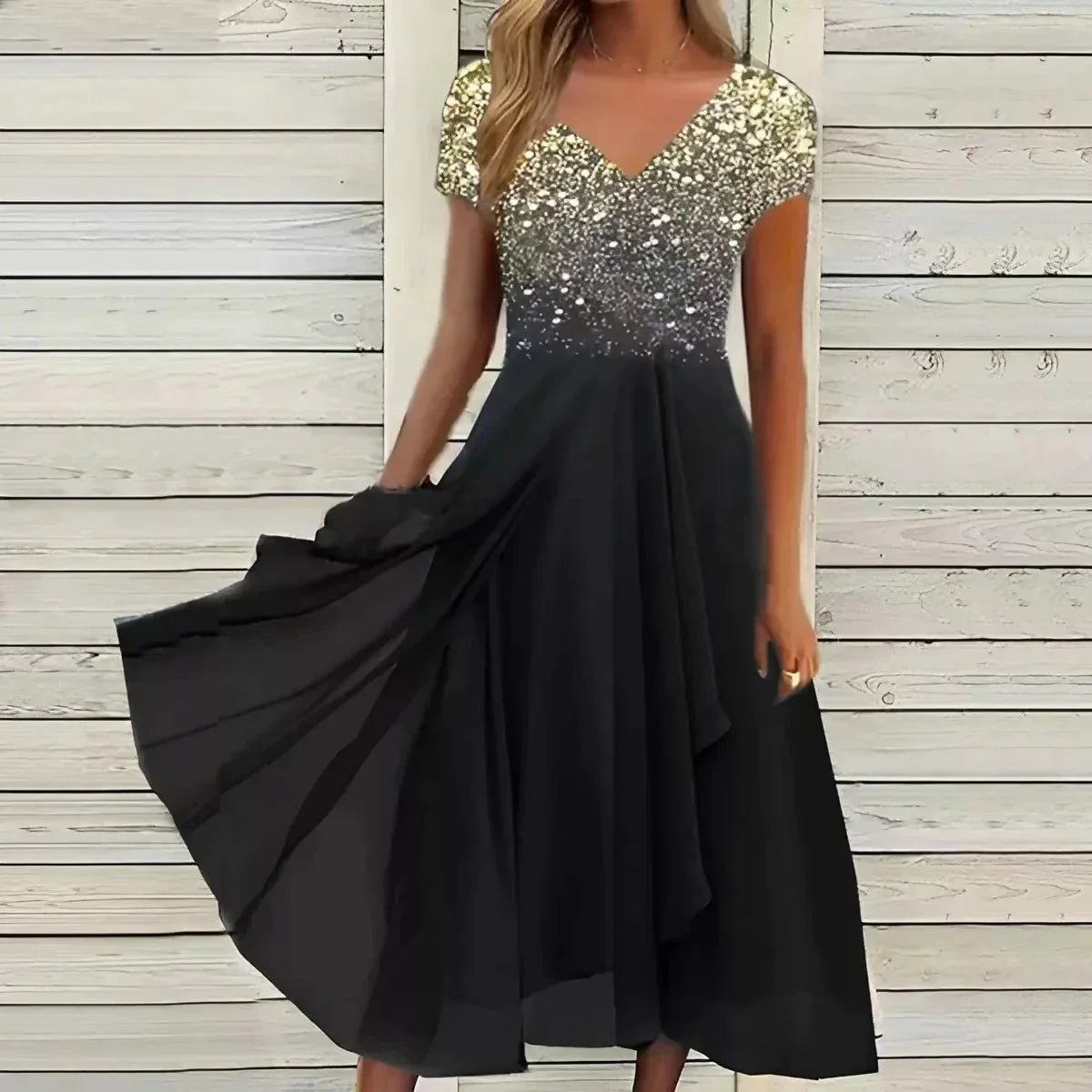 Elegantes schwarzes Abendkleid mit glitzerndem Pailletten-Oberteil und fließendem Rock, ideal für festliche Anlässe und Partys.