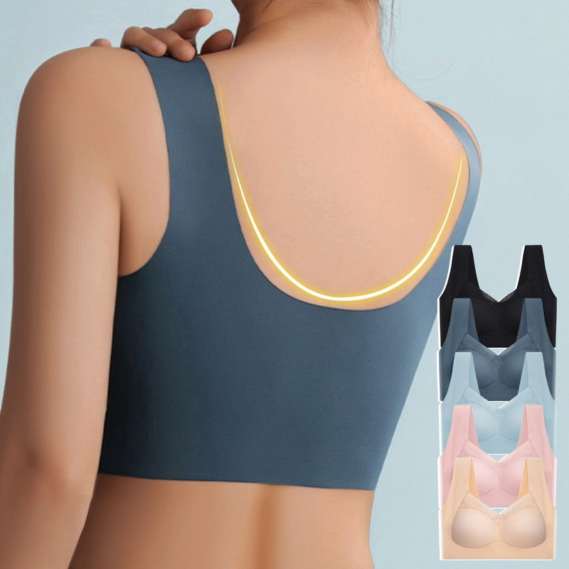 Nahtloser Damen-BH in Blau, Rückansicht. Bequeme, atmungsaktive Unterwäsche ohne Bügel. Erhältlich in verschiedenen Farben. Ideal für Alltag.