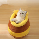 Katzenbett Honigtopf-Design, gelb-braun, Plüsch, gemütlich, Haustierbett für Katzen.
