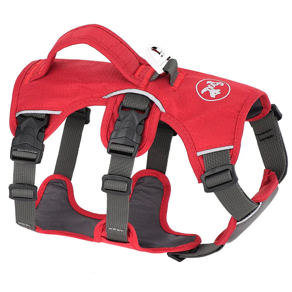 Rotes Hundegeschirr, verstellbar, robust, mit Griff, reflektierend, für Outdoor-Aktivitäten.