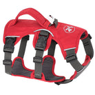 Rotes Hundegeschirr, verstellbar, robust, mit Griff, reflektierend, für Outdoor-Aktivitäten.