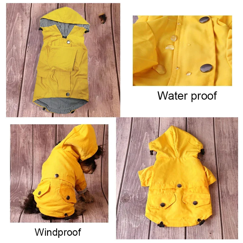 Gelber wasserdichter und winddichter Hundemantel mit Kapuze, ideal für Regenwetter. Perfekt für kleine Hunde, hält trocken und warm.