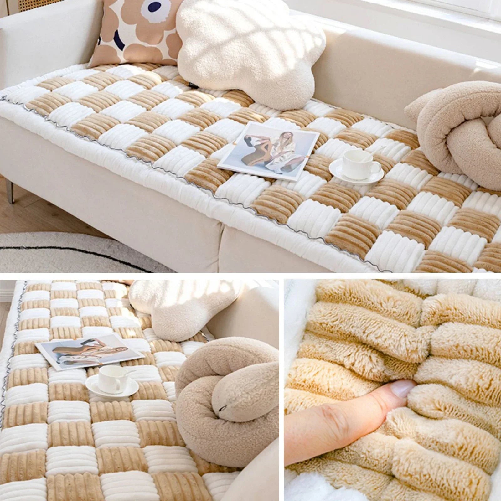 Beige-weiße gesteppte Sofadecke aus Plüsch, gemütlich, dekorativ, Wohnzimmer, modern.