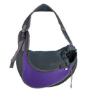 Lila-schwarze Hundetragetasche aus Netzstoff, ergonomisch, verstellbarer Schultergurt.