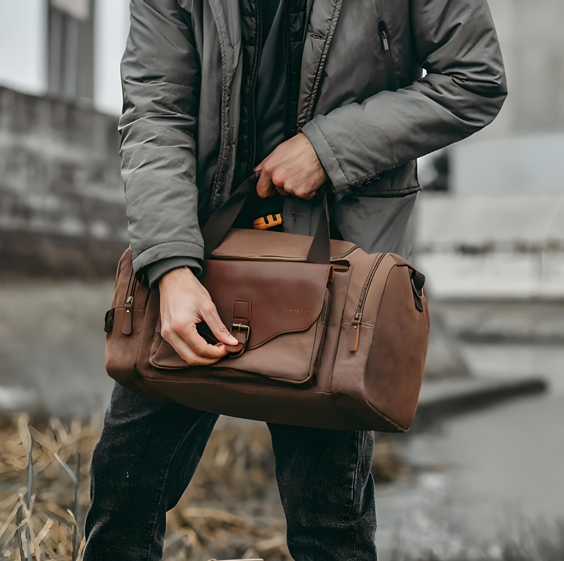 Mann mit brauner Ledertasche, Outdoor, stilvoll, robust, Reisetasche, Freizeit, Modeaccessoire.