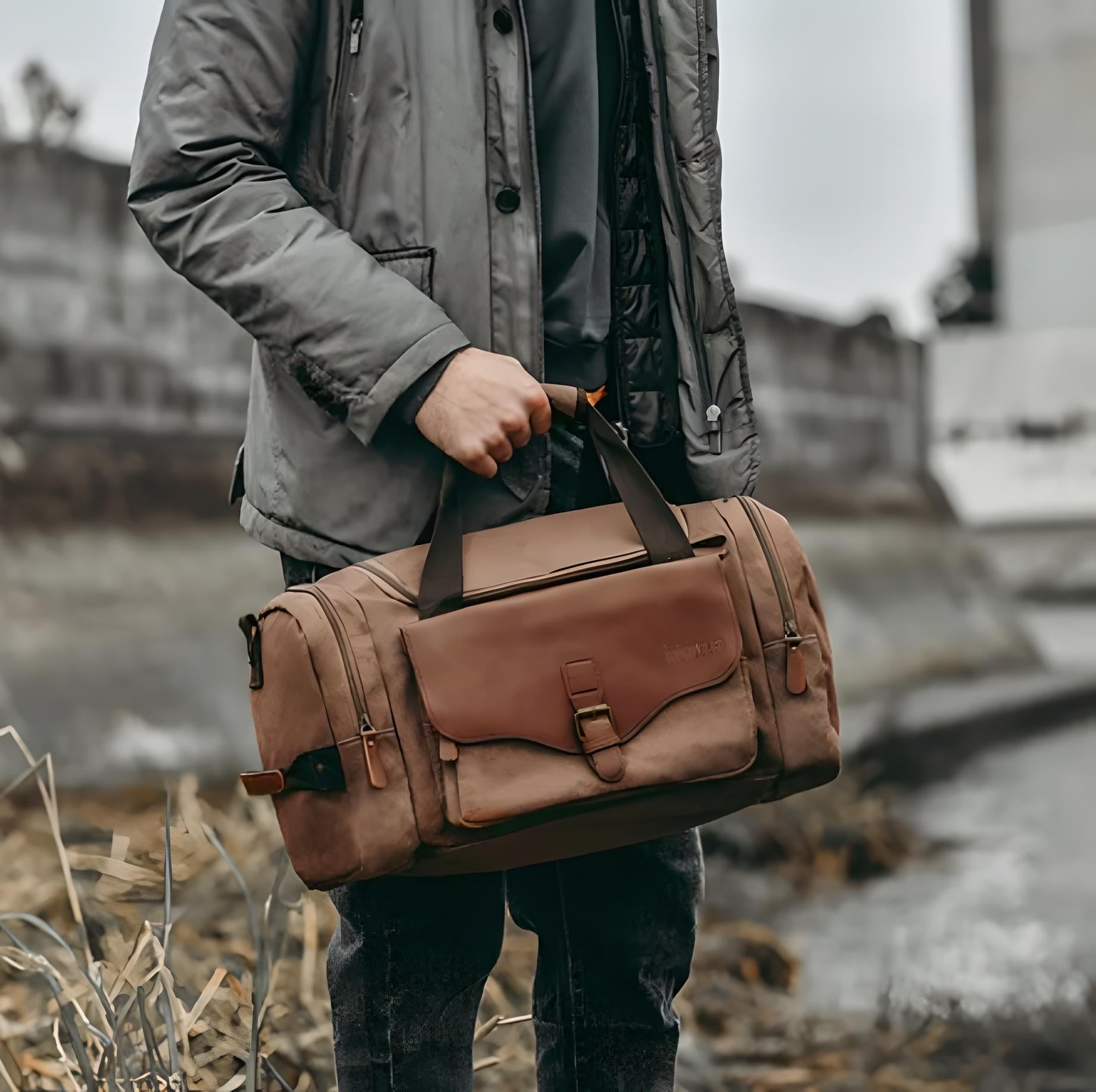 Mann mit brauner Lederreisetasche, Outdoor, stilvoll, robust, modisch, Freizeit, Reiseaccessoire.