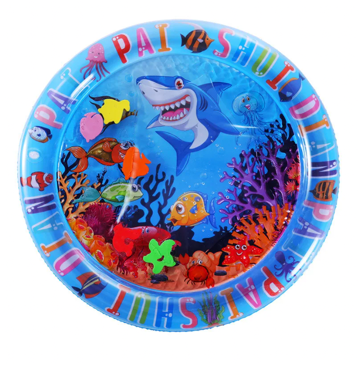 Bunter aufblasbarer Kinderpool mit Hai- und Meeresmotiven, ideal für Sommer, Garten und Wasserspaß. Perfekt für Kinder und Familien.