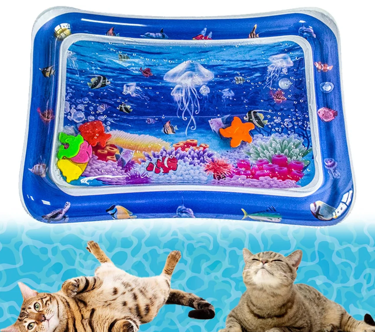 Aufblasbare Wassermatte für Katzen mit buntem Unterwasserdesign, Fischen und Quallen. Perfektes interaktives Katzenspielzeug.