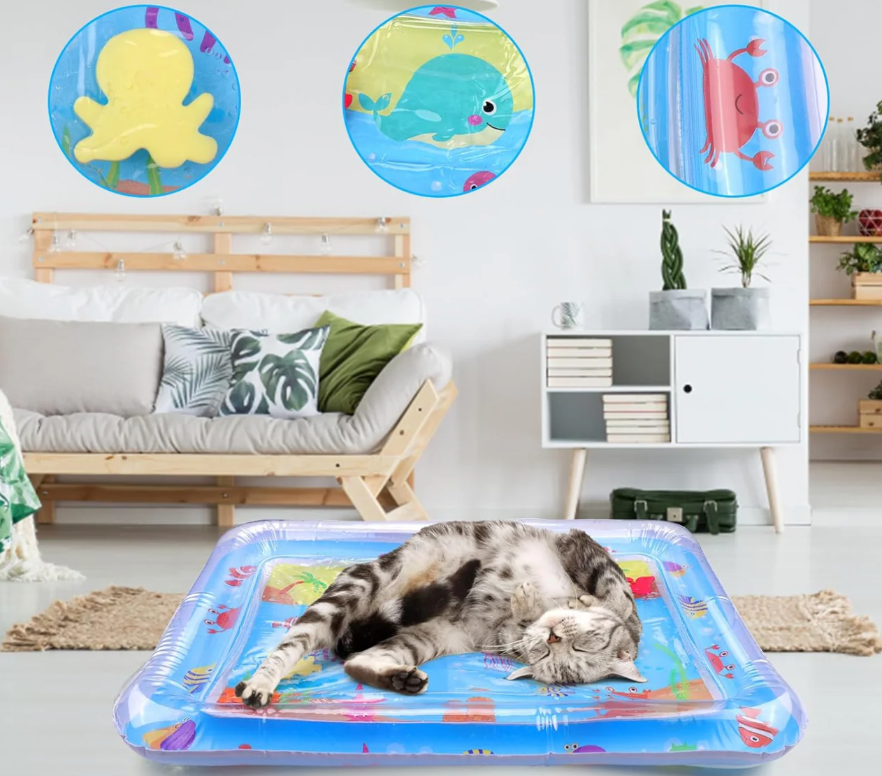 Aufblasbare Wassermatte für Katzen mit buntem Meeresdesign, ideal zum Spielen und Entspannen. Perfektes interaktives Katzenspielzeug.