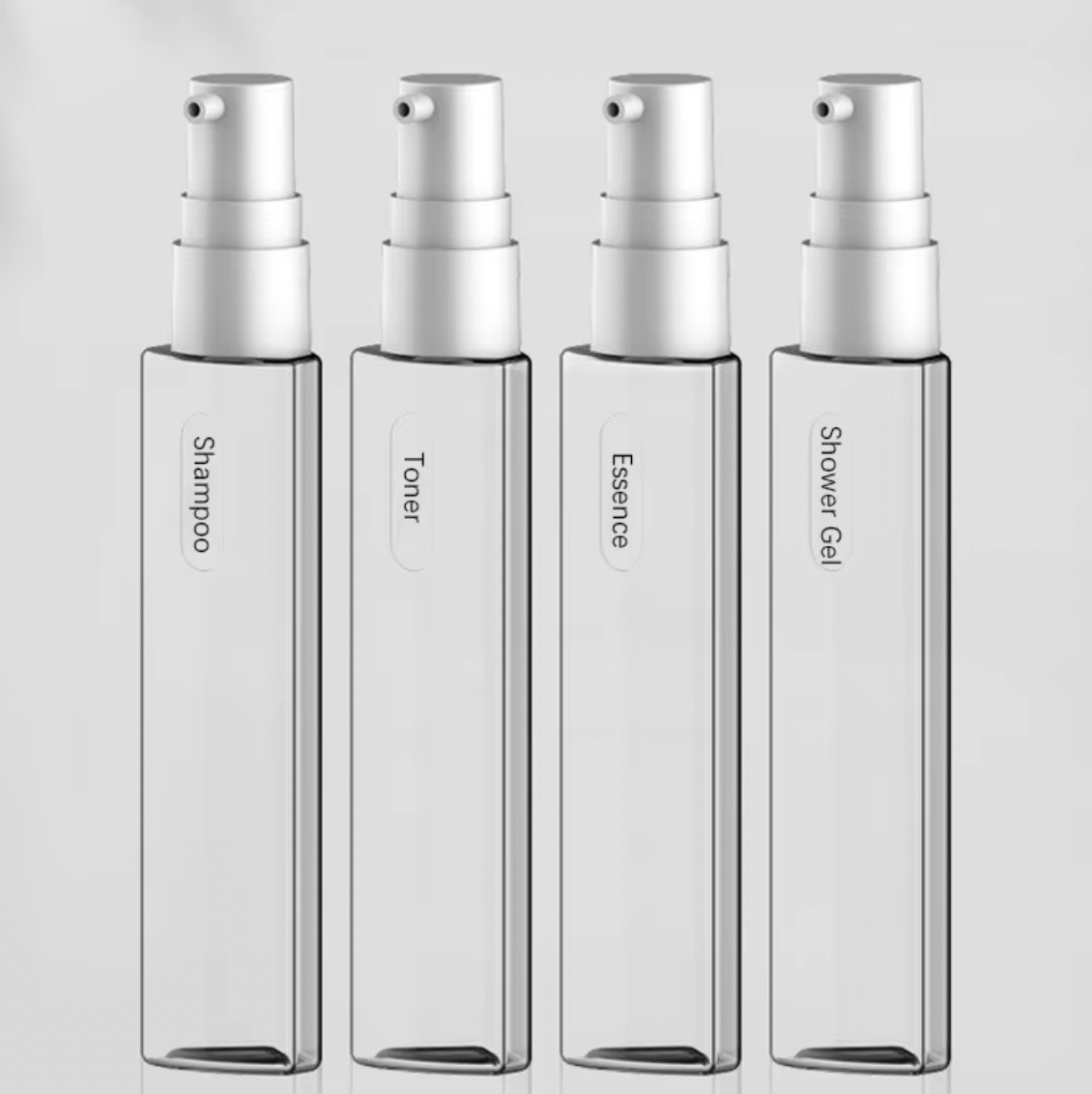 Transparente Kunststoffflaschen mit Pumpverschluss für Shampoo, Toner, Essence, Duschgel.