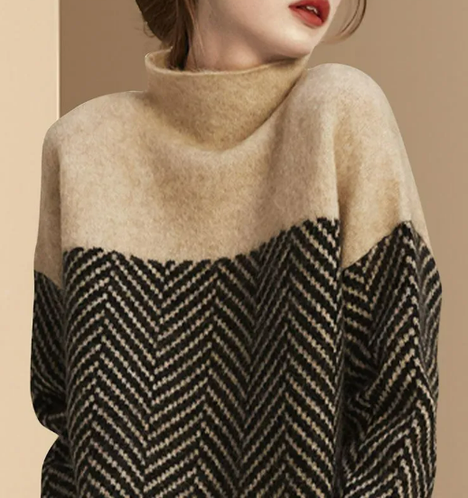 Damenpullover mit Rollkragen, beige und schwarz, Fischgrätenmuster. Stilvoller Strickpullover, ideal für Herbstmode und elegante Outfits.