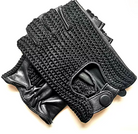 Schwarze fingerlose Handschuhe aus Leder und Strick, stilvoll und funktional, ideal für Mode und Komfort. Perfekt für Herbst- und Winteroutfits.