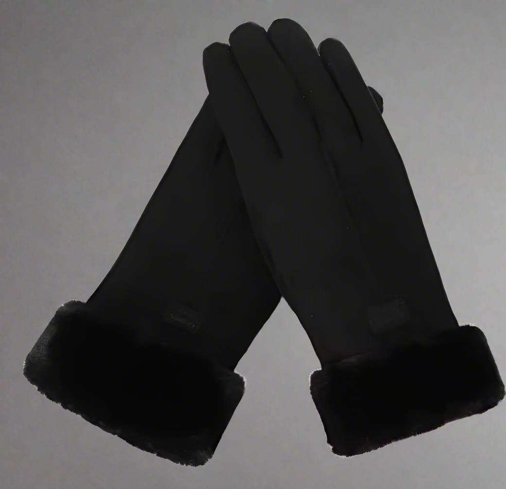 Elegante schwarze Handschuhe mit Kunstfellbesatz, ideal für Wintermode. Hochwertige Materialien, stilvoll und warm. Perfekt für kalte Tage.