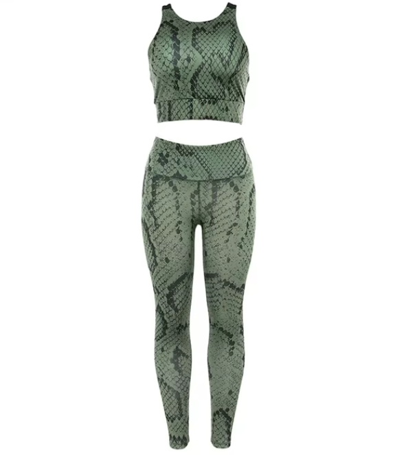 Damen Sport-Set in Schlangenleder-Optik, bestehend aus Crop-Top und Leggings. Ideal für Fitness, Yoga und Freizeit. Hochwertige Sportbekleidung.