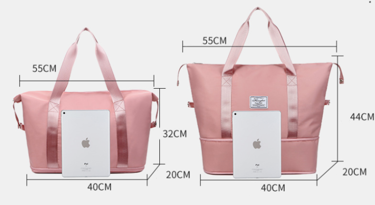 Rosa Reisetasche, wasserdicht, mit großem Fassungsvermögen, ideal für Reisen. Maße: 55x32x20cm und 55x44x20cm. Perfekt für Damen.