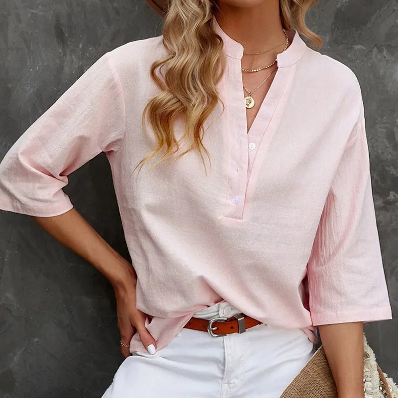 Damen Bluse rosa Leinen, lässig, 3/4 Ärmel, V-Ausschnitt, Sommermode, elegant.