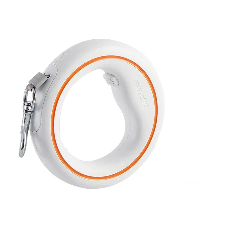 Runde weiße Hundeleine mit orangefarbenem Akzent, modernes Design, tragbar, mit Karabiner.
