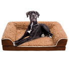 Schwarzer Hund auf braunem, weichem Hundebett aus Plüsch, rechteckig, bequem, Haustierbedarf.