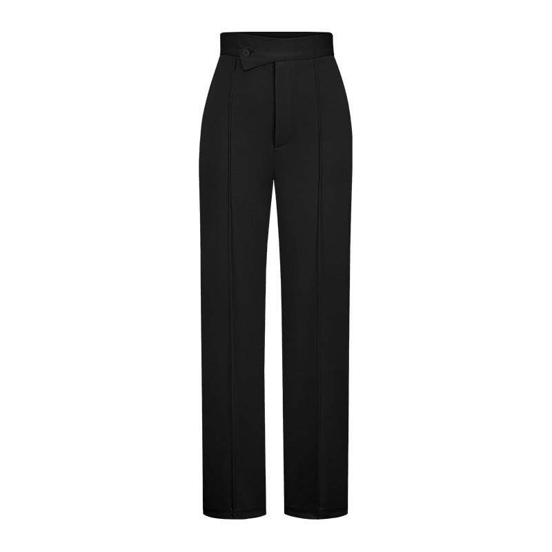 Elegante schwarze Damenhose mit hoher Taille, geradem Schnitt und Knopfverschluss. Perfekt für Business- und Freizeitoutfits.
