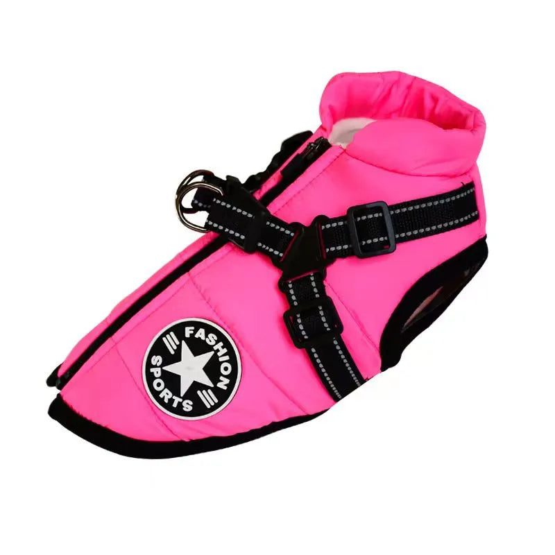 Warme, pinke Hundejacke mit reflektierenden Streifen und modischem Sport-Design. Ideal für kaltes Wetter. Hundebekleidung, Winterjacke.