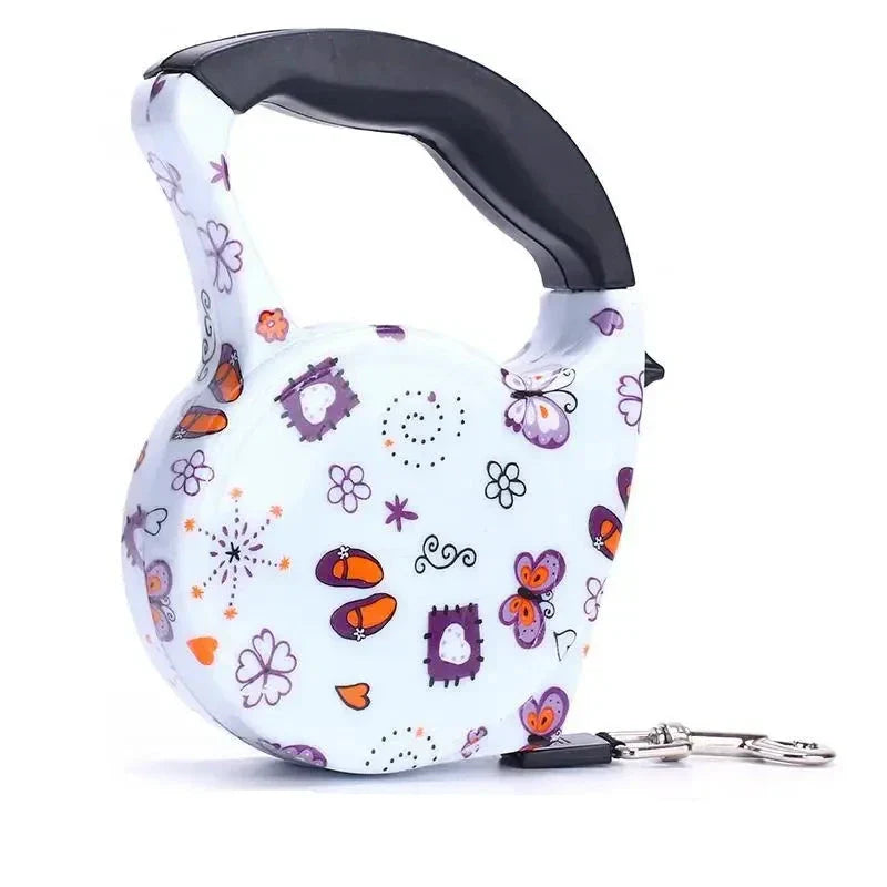 Bunte Hundeleine mit Blumen- und Schmetterlingsmuster, ausziehbar, ergonomischer Griff.