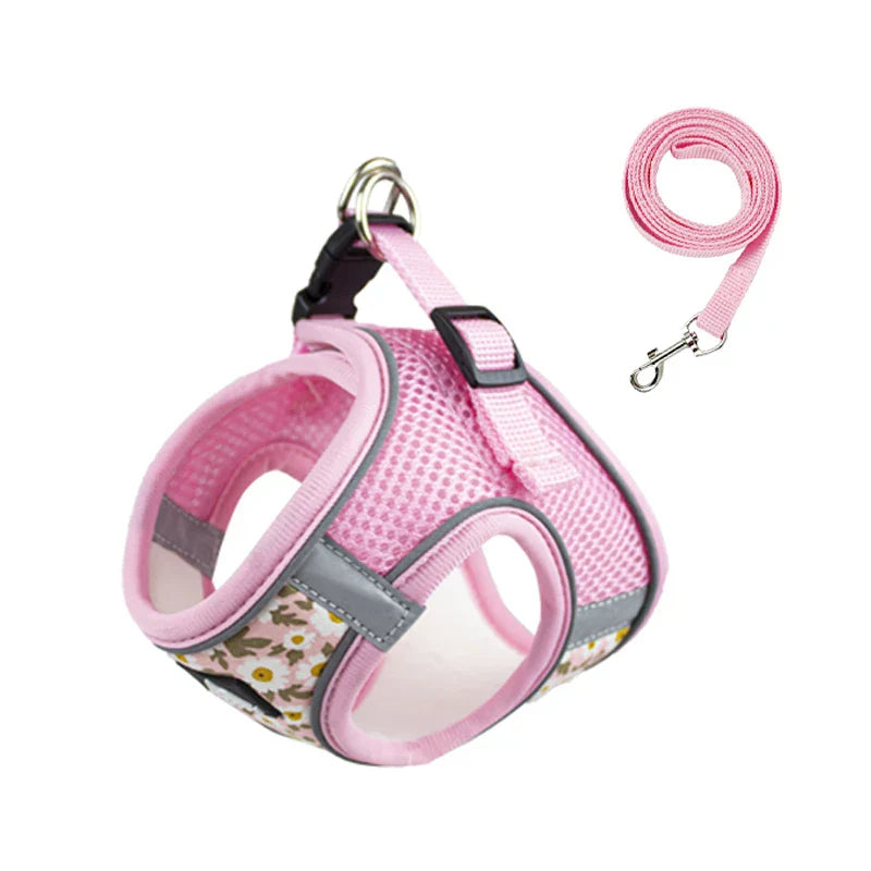 Rosa Hundegeschirr mit Leine, atmungsaktives Mesh, verstellbar, für kleine Hunde.