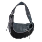 Graue Hundetragetasche aus Netzstoff, ergonomisch, verstellbar, ideal für kleine Haustiere.