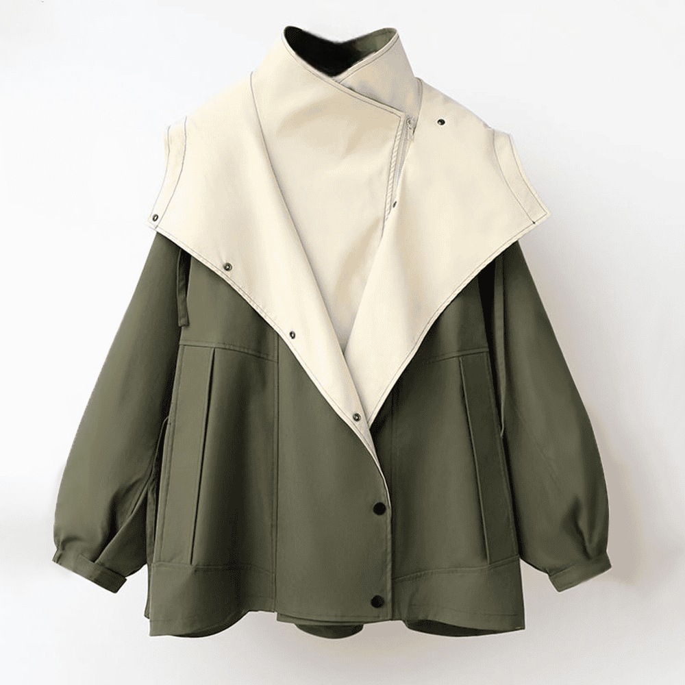 Damenjacke in Olivgrün mit abnehmbarer Kapuze, modisch und funktional. Perfekt für Herbstmode, Outdoor-Aktivitäten und stilvolle Outfits.