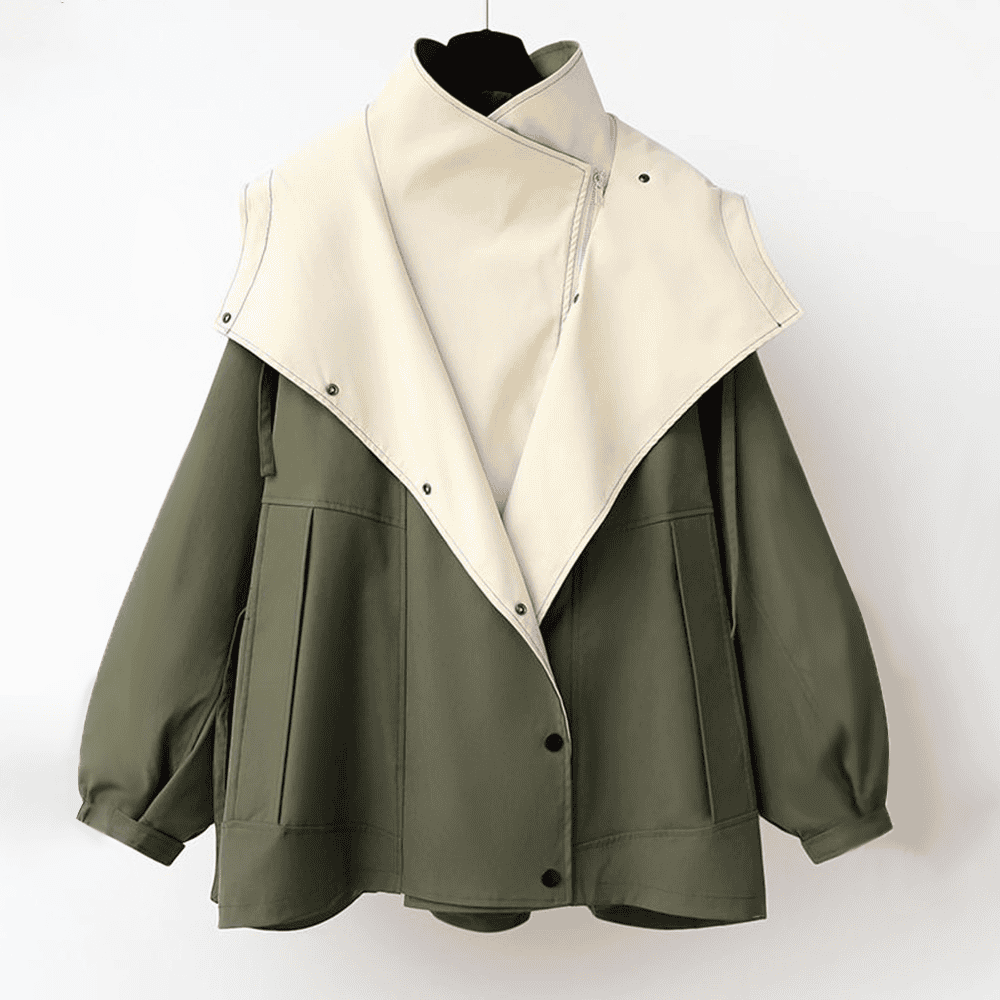 Damenjacke in Olivgrün mit abnehmbarem, cremefarbenem Kragen. Modischer Mantel, ideal für Herbstmode. Hochwertige Materialien, stilvolles Design.