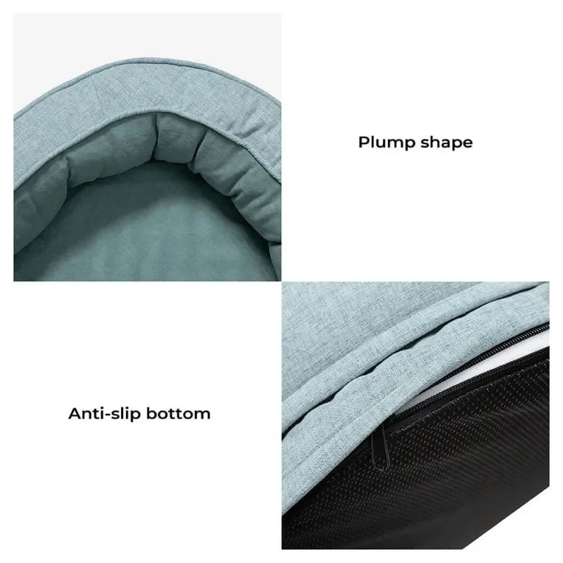Hundebett mit runder Form, rutschfester Boden, graues Material, bequemes Haustierbett.