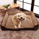 Goldener Retriever auf braunem Hundebett aus Stoff, gemütlich im Wohnzimmer, Hundezubehör.