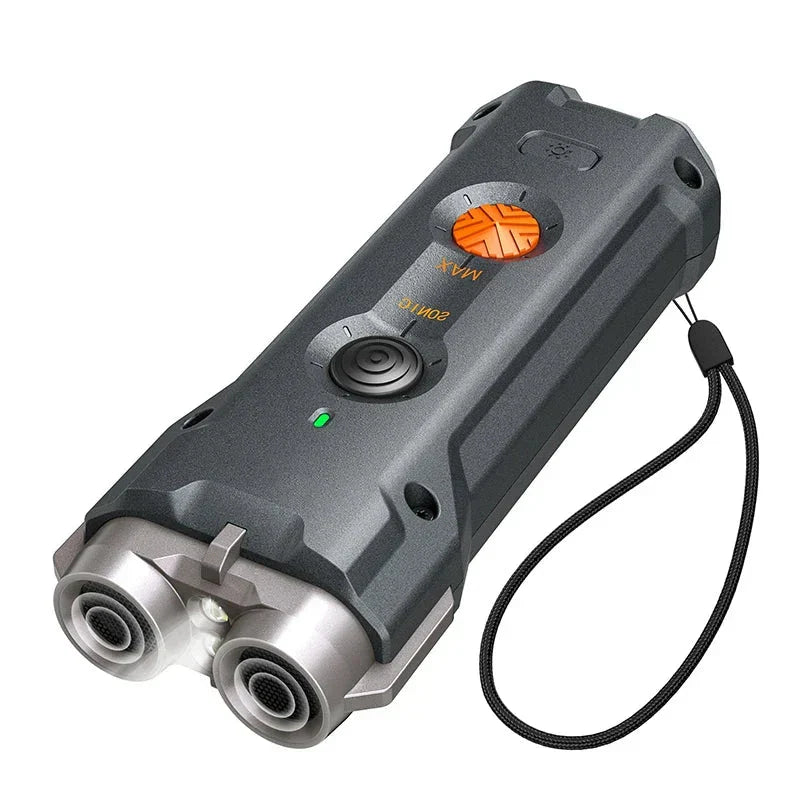 Taktische Taschenlampe, schwarz, LED, wiederaufladbar, robustes Design, mit Handschlaufe.