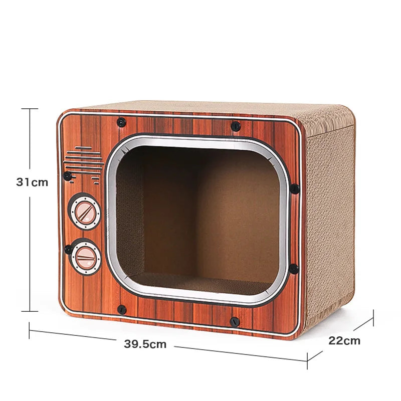 Katzenhaus aus Pappe in Retro-TV-Design, braun, 39,5x31x22cm, umweltfreundlich, für Katzen.