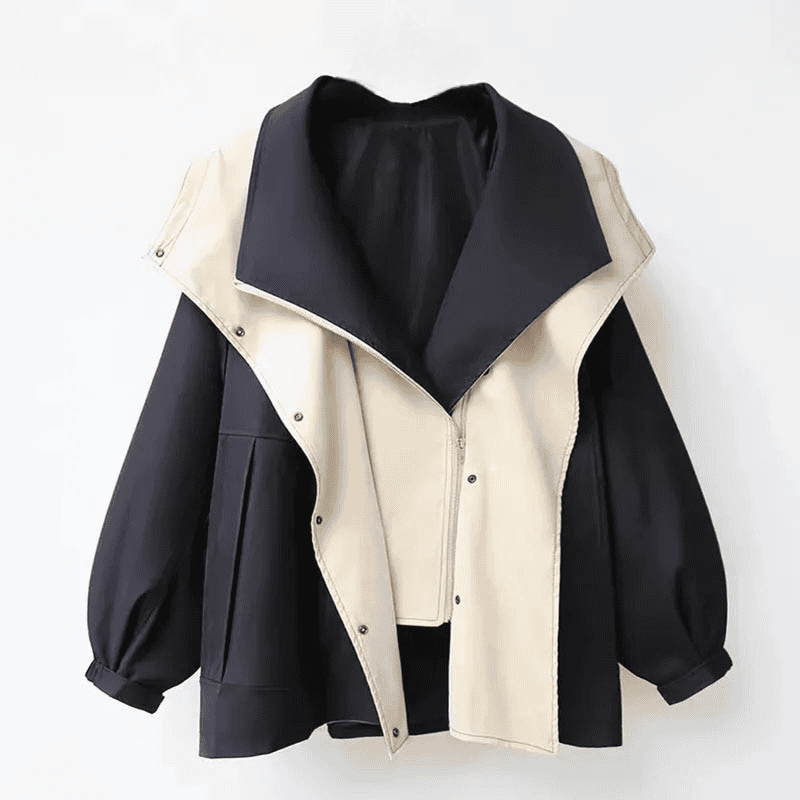 Damenjacke mit Kontrastdesign, schwarz-beige, modischer Oversize-Look, Reißverschluss, Herbstmode, stilvolle Oberbekleidung für Frauen.