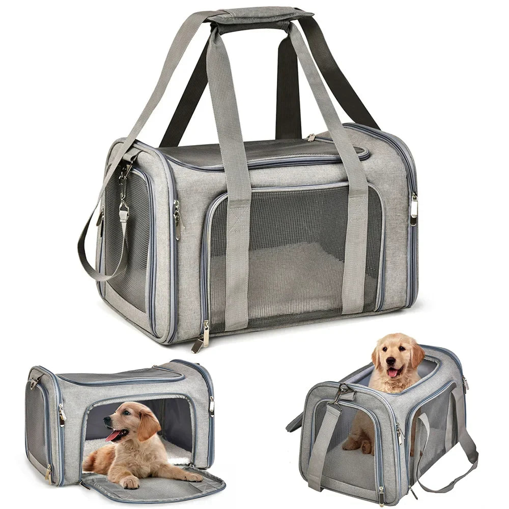 Graue Hundetragetasche aus Stoff mit Netzfenstern, tragbar, faltbar, ideal für Reisen.