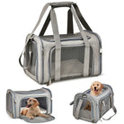 Graue Hundetragetasche aus Stoff mit Netzfenstern, tragbar, faltbar, ideal für Reisen.