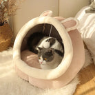 Katzenbett aus Plüsch, beige, mit Ohren, gemütlich, für Haustiere, Katzenhöhle, Schlafplatz.