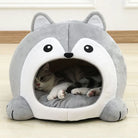 Graues Katzenbett in Tierform, Plüsch, gemütlich, für Haustiere, Schlafplatz, Wohnzimmer.