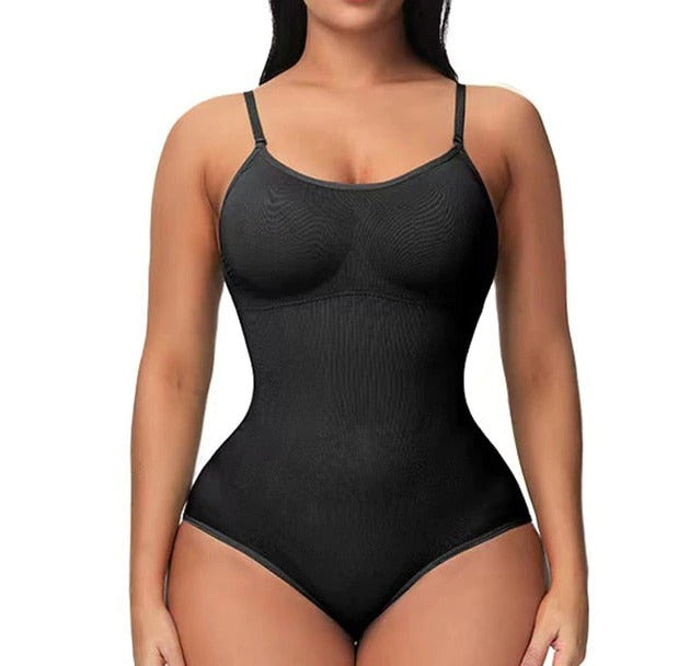Schwarzer Body Shapewear für Damen, nahtlos, figurformend, verstellbare Träger, ideal für Unterwäsche, Komfort und Unterstützung.