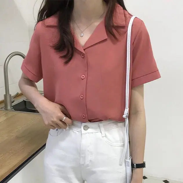 Damenbluse in Rosa, V-Ausschnitt, Retro-Chic, koreanischer Stil, Streetwear, Harajuku, kurzärmelig, modisch, lässig, vielseitig kombinierbar.