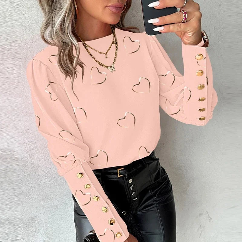 Elegante Damenbluse mit Herzmuster, langen Ärmeln und Knopfleiste. Perfekt für Frühling und Herbst. Modische, lässige Oberteile für Frauen.