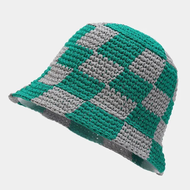 Handgemachter Häkel-Bucket-Hut in Grün und Grau, ideal für Frühling und Sommer. Modischer Fischerhut, perfekt als Strand-Accessoire.
