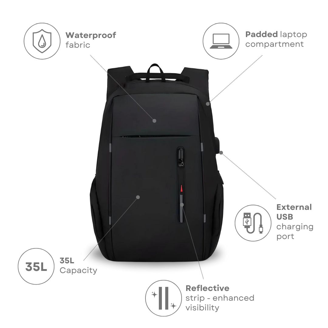Schwarzer Rucksack, wasserdicht, 35L, gepolstertes Laptopfach, USB-Ladeanschluss, reflektierend.