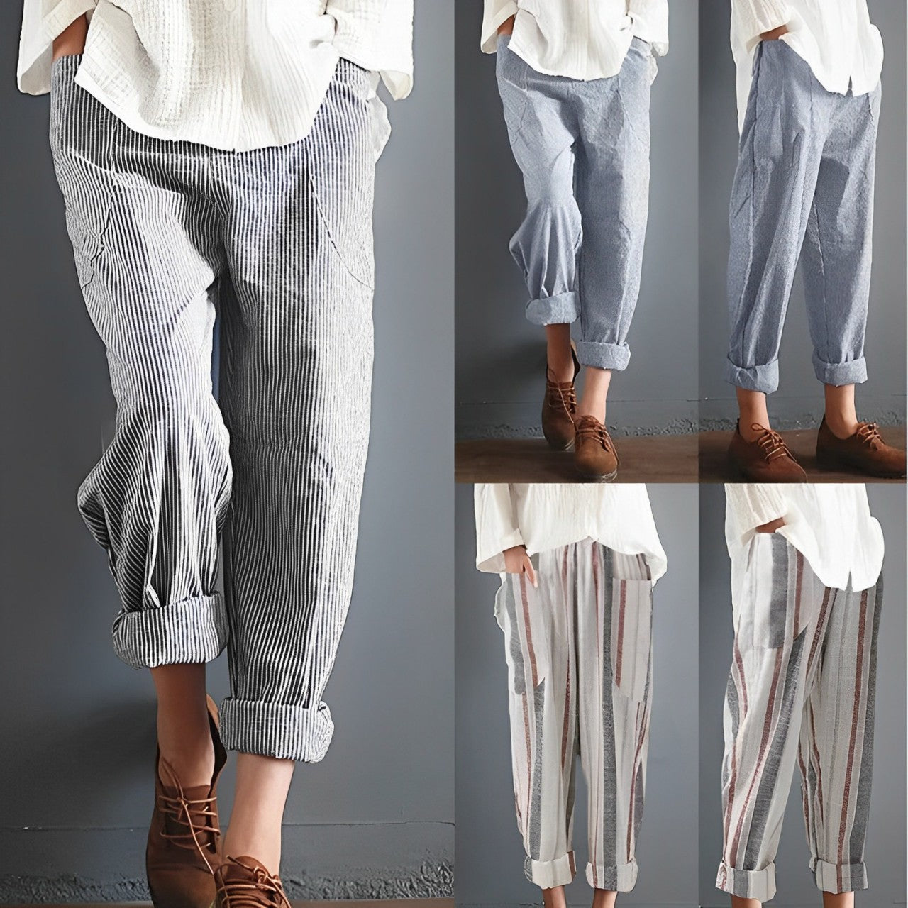 Gestreifte Baumwoll-Leinen-Hose, lässig und bequem, ideal für Freizeitmode. Erhältlich in großen Größen, perfekt für stilvolle Outfits.