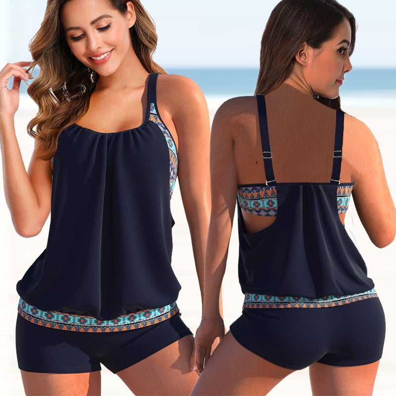 Damen Tankini Set, zweiteilig, verstellbare Träger, dunkelblau, Strandmode, Sommer-Bademode.