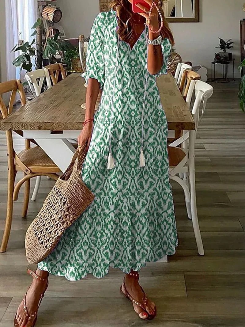 Damen Sommerkleid mit Blumenmuster, grün, Strandmode, lässig, Baumwolle, mit Tasche.