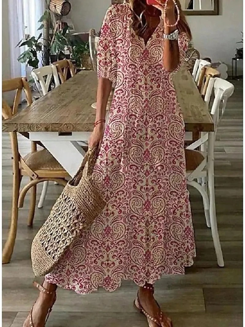 Damen-Sommerkleid mit Blumenmuster, rosa, Strandmode, lässig, aus Baumwolle, mit Tasche.