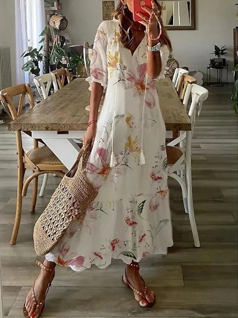 Damen Sommerkleid mit Blumenmuster, weiß, lässig, Strandmode, Boho-Stil, Baumwolle.