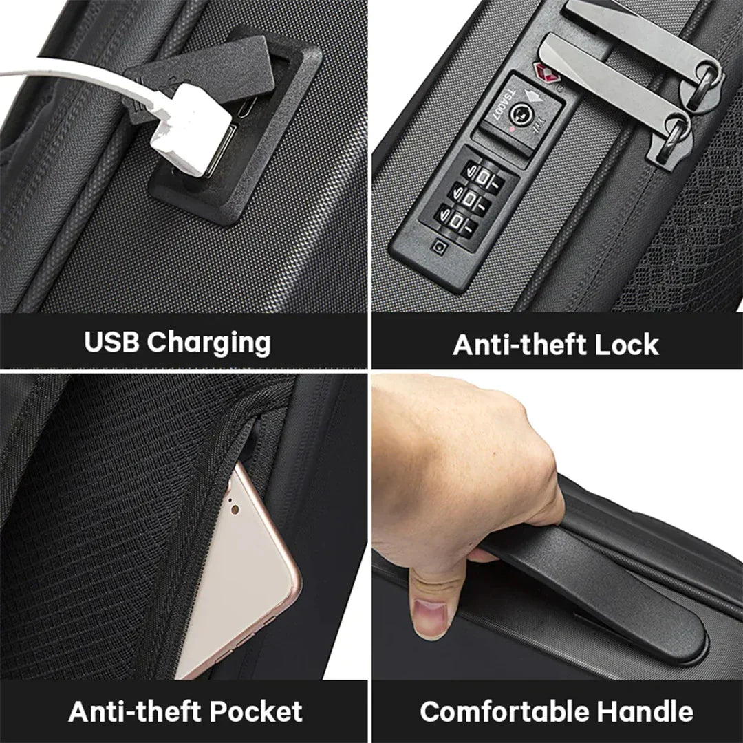 Rucksack mit USB-Ladeanschluss, diebstahlsicherem Schloss, Tasche und bequemem Griff, schwarz.